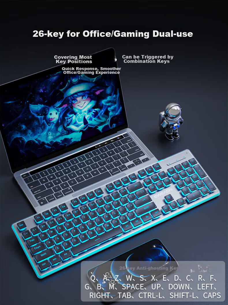 EWEADN X7S Wireless Keyboard And Mouse Combo, Single-Mode 2.4G True Mechanical Feel, Low Noise, Office 104-Key Gaming Keyboard, Computer Laptop Peripheral, Rechargeable, Pink with White Backlight 7
