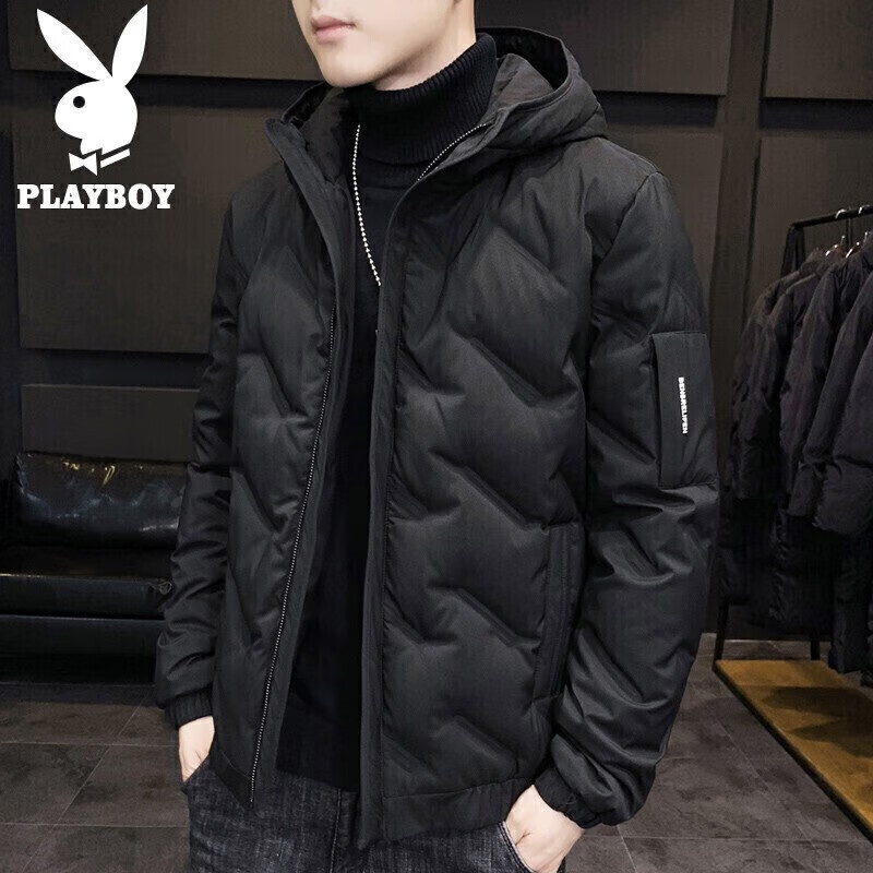 PLAYBOY Men's Autumn Winter Hooded Lightweight Warm Down Jacket Workwear Black 2XL