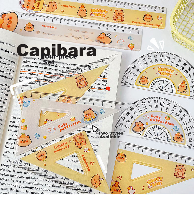 Touch Fish Student Ruler Set, Capybara Ruler Set, Cute Water Deer Ruler Set, Stationery Student High-Quality 15cm Scale Ruler, Back-To Four-Piece Set, Yellow Water Deer 1