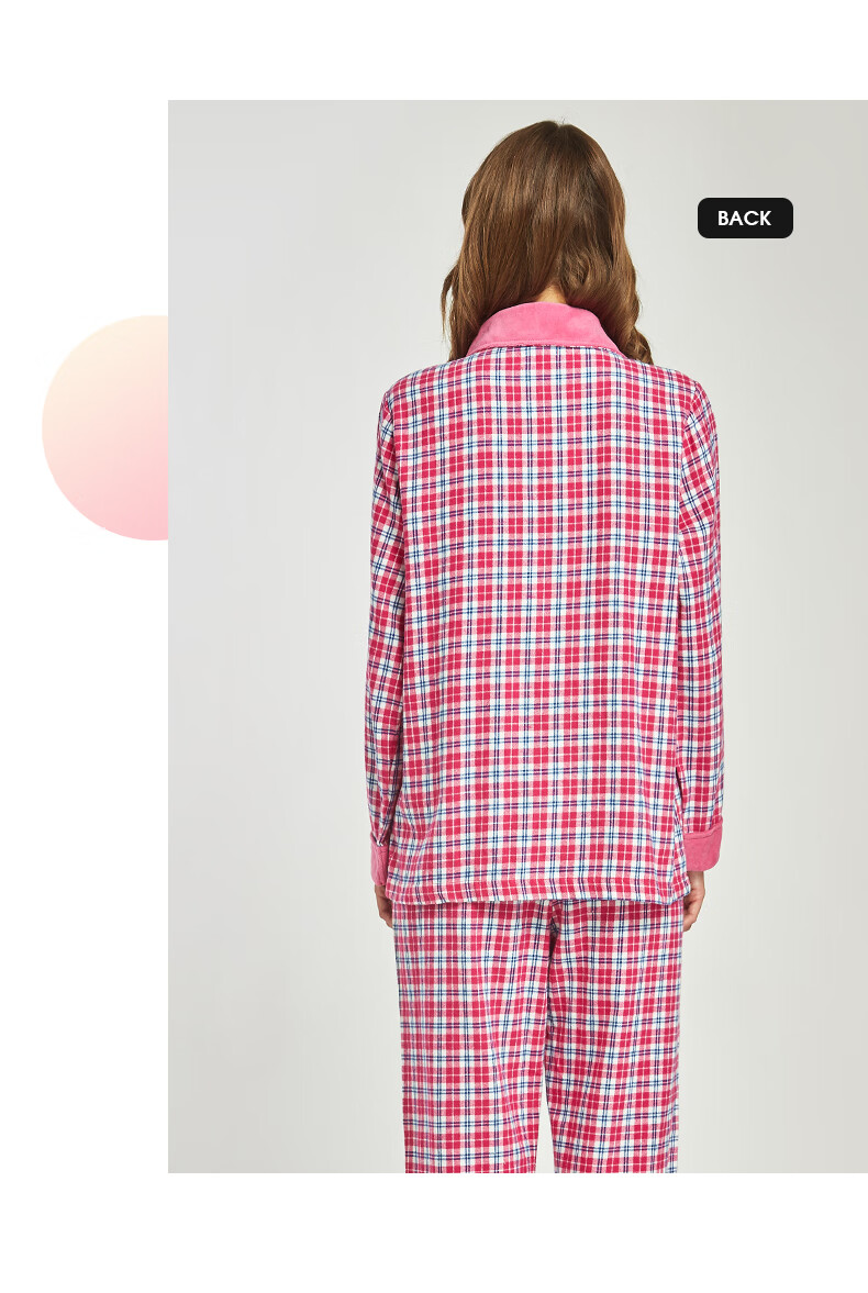 三枪睡衣女情侣彩格绒布翻领开襟长袖女家居服套装 灰格12 xl