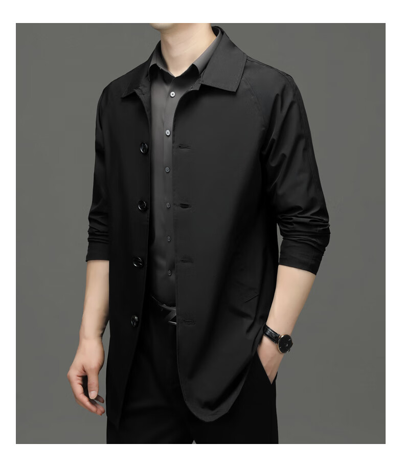 ROMON Men's Trench Coat, Spring And Autumn Business Casual Mid-Length Overcoat, Outerwear Jacket D-2021 Black XL 25