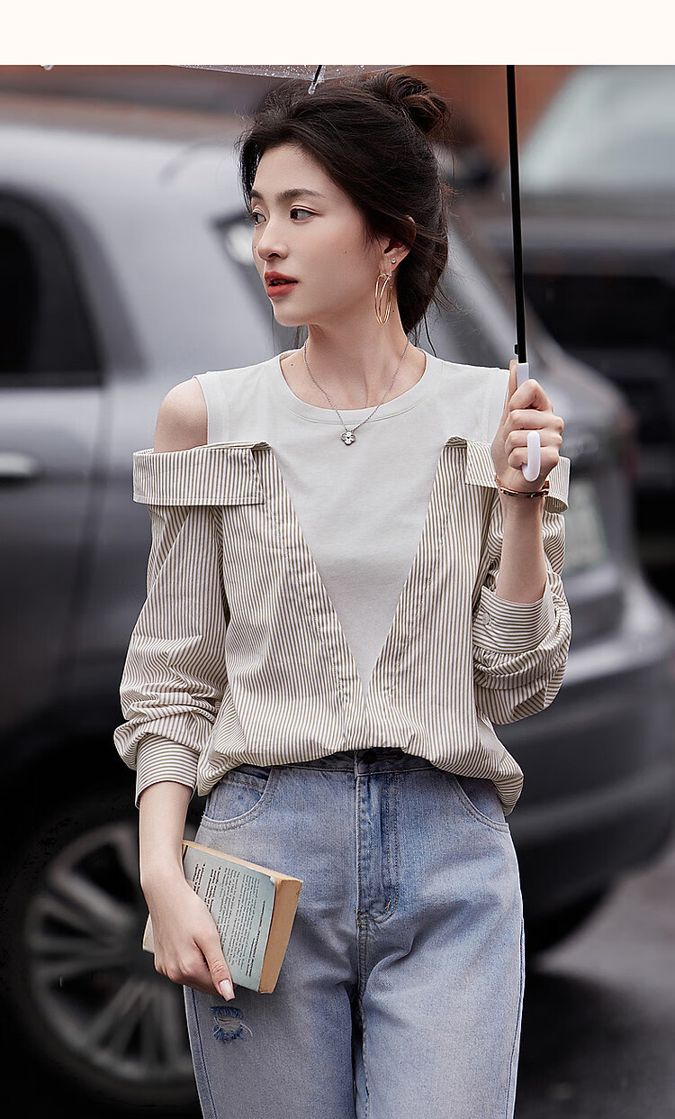 Dme Round Neck Cotton Faux Two-Piece Off-Shoulder Shirt, Plaid Patchwork Blouse, Women's Top, Off-White, M 14
