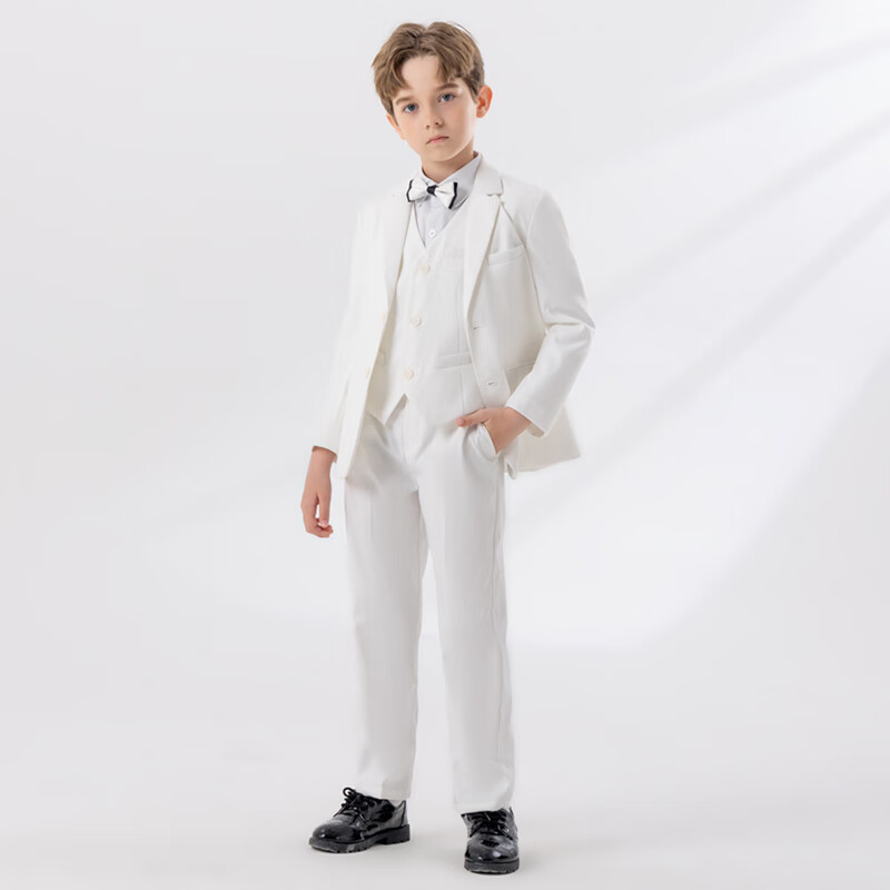 LUOBOBEIBEI Children's Small Suit, White Gentleman Suit, Boys' Birthday Flower Boy Outfit, New Year's Clothing, White Four-Piece Set, Size 110