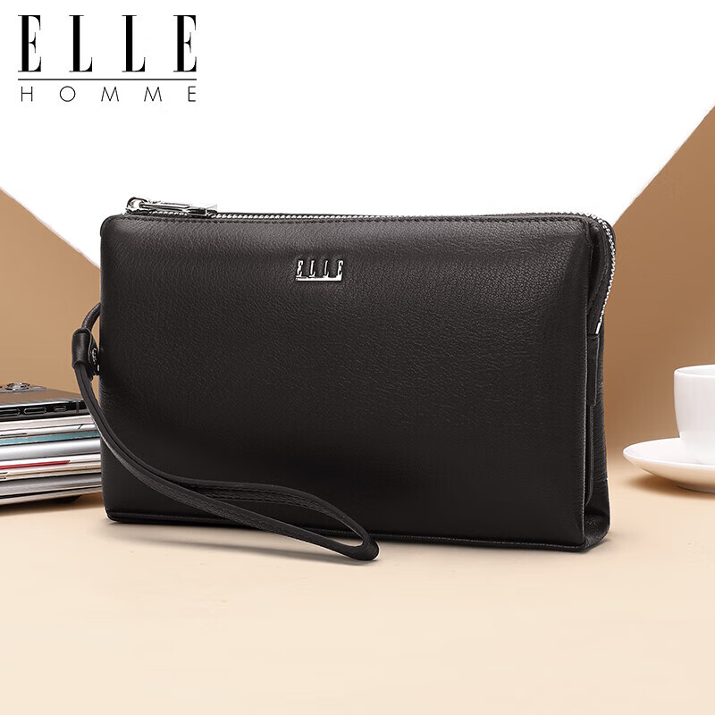 ELLE HOMME Men's Clutch, Top-Grain Leather Zipper Wallet, Large Capacity Handbag, Fashionable Men's Bag 05451 Dark Brown, Birthday Gift for Boyfriend