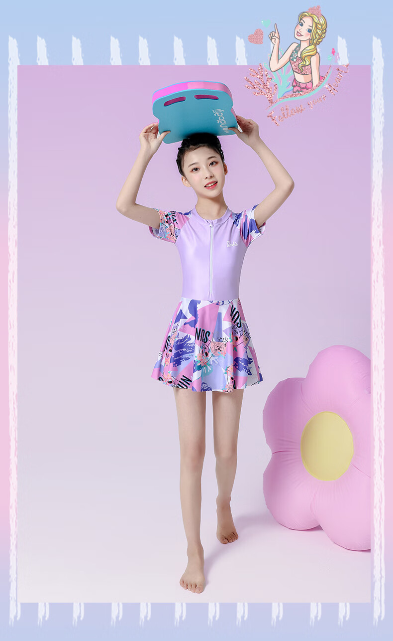 Barbie Girls' One-Piece Swimsuit Dress for Older Children, Stylish Swimsuit for Young Girls And Middle School Students 12