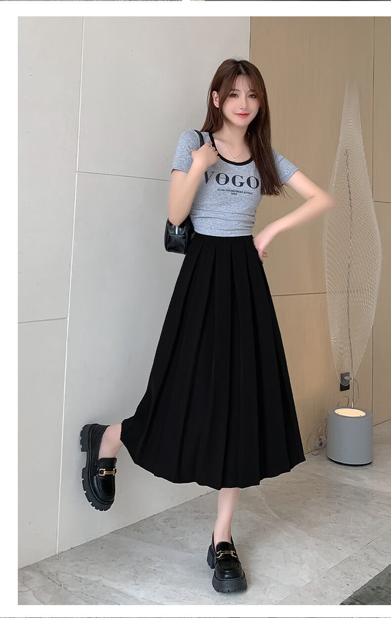 LangSha Pleated Skirt Women's Spring Vintage Mid-Length A-Line Skirt Elastic Waist Slim Fit Suit Umbrella Skirt 11