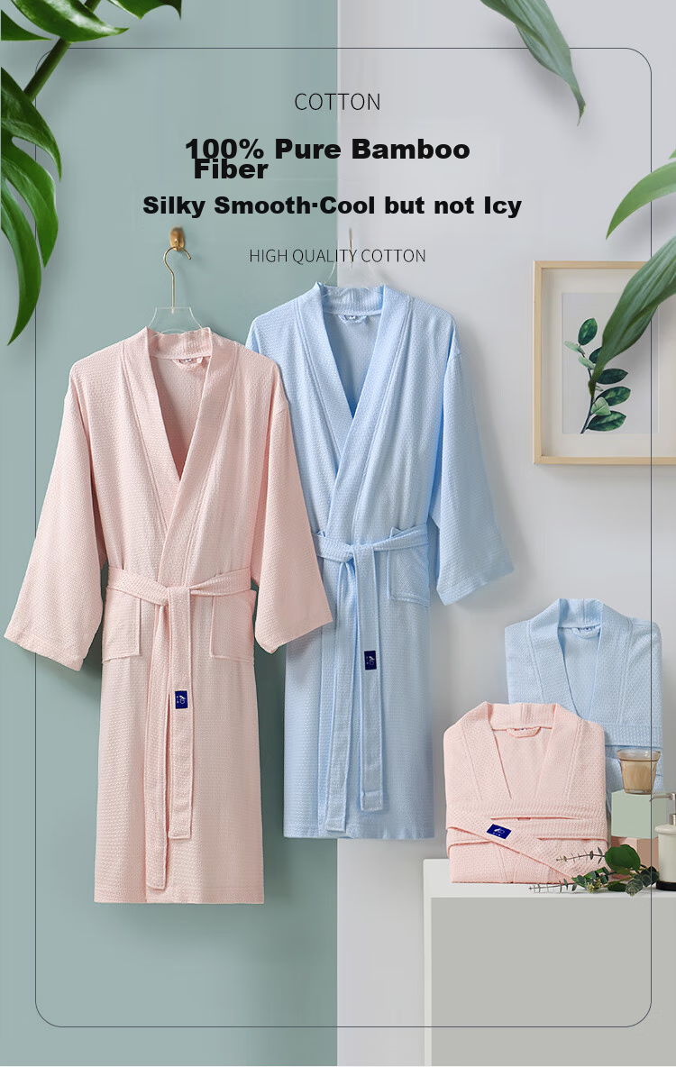 Zhuyibai Bamboo Fiber Bathrobe for Men And Women, Spring And Summer Sleepwear, Home Loungewear, Waffle Weave Gauze Steaming Suit, Blue, Size L 1