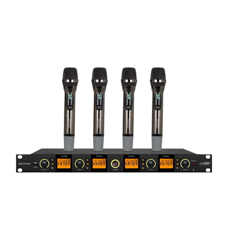 HIKVISION Handheld Wireless Microphone System with Four Mics, UHF Microphone, Long-Range Transmission, Anti-Howling, Professional Stage Singing, Home Use, Conference Speaking, Training, Broadcasting, Wedding Banquet, KTV