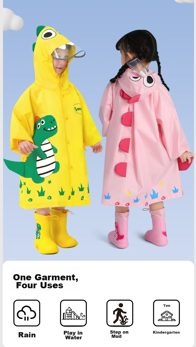 Moremerry Children's Raincoat for Boys And Girls, Kindergarten Kids, Toddlers, Full-Body Poncho, Yellow Cute Dinosaur Design, XL Size 7