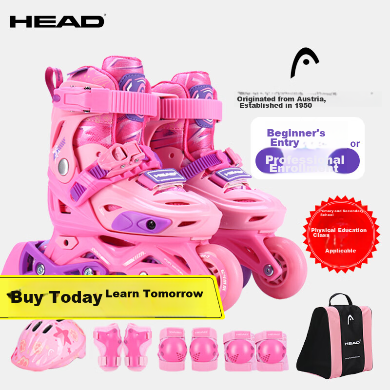 HEAD Professional Roller Skates for Children, Boys And Girls Beginners, Inline Skates, Flat Flower Casual Ice Skates, S5 Pink M