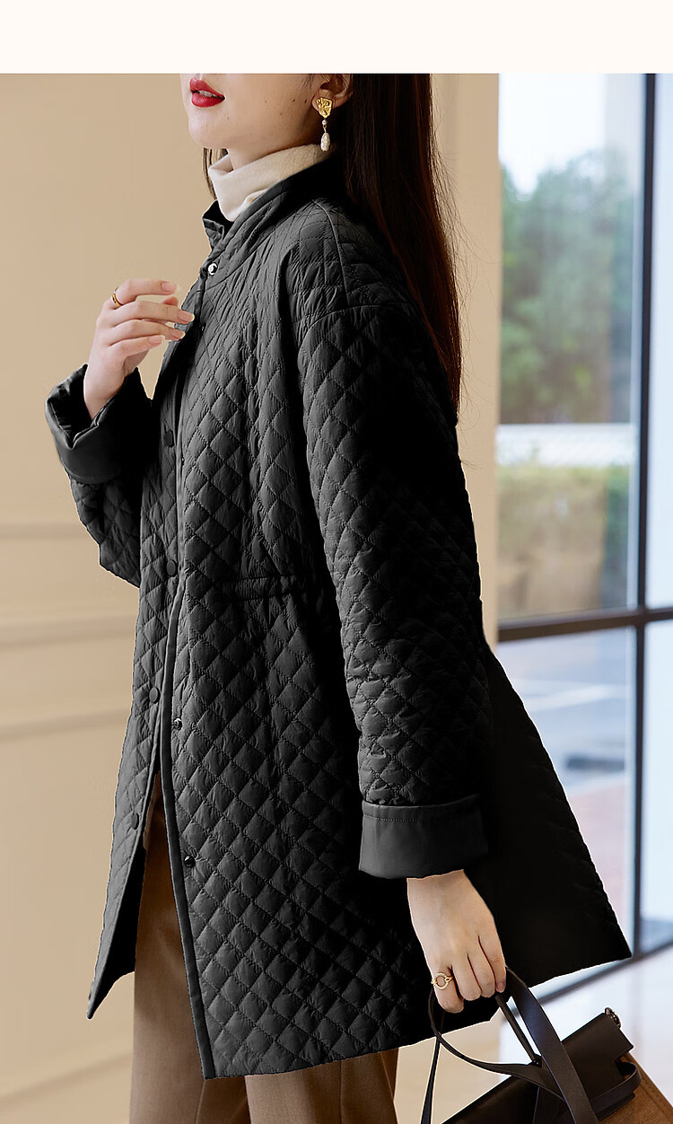 Dme [Quilted Diamond-Patterned Cotton Coat] Winter Stand-Collar Loose Drop-Shoulder Anti-Chafe Padded Jacket for Women, Mid-Length Style, Black, Size M 29