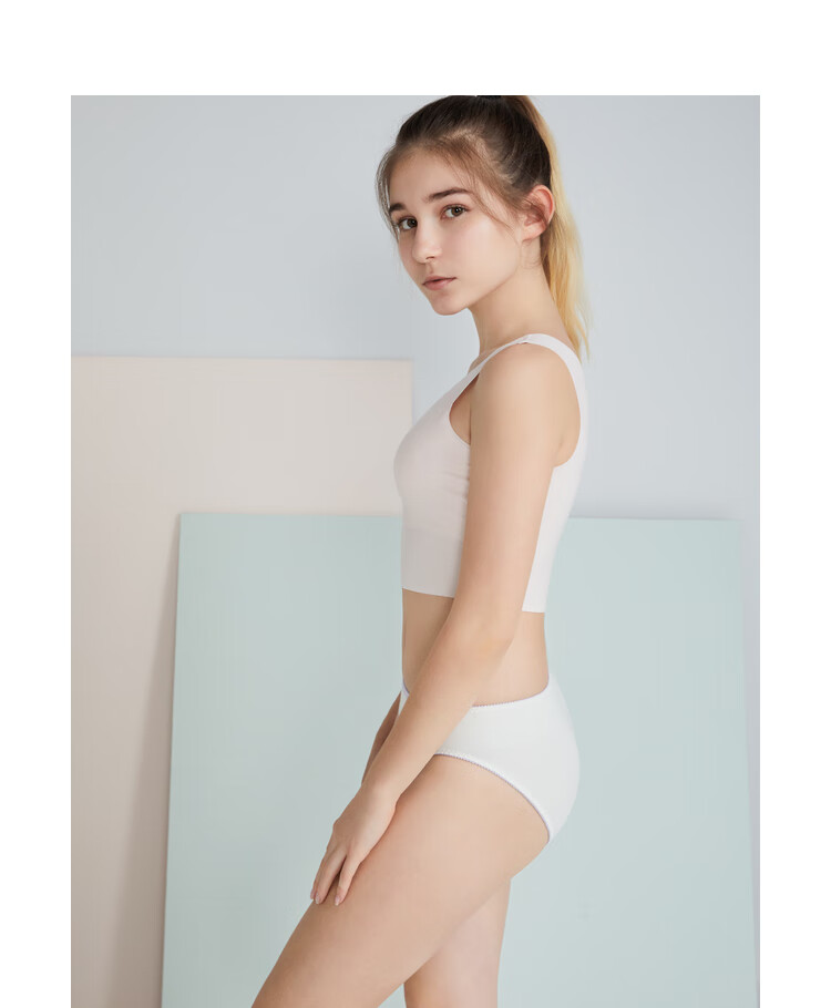 AIMER JUNIOR Girls' Developmental Underwear Stage One Mid-Length Vest Bra, Versatile Seamless 2-Piece Set White + Pink, Size 150 10