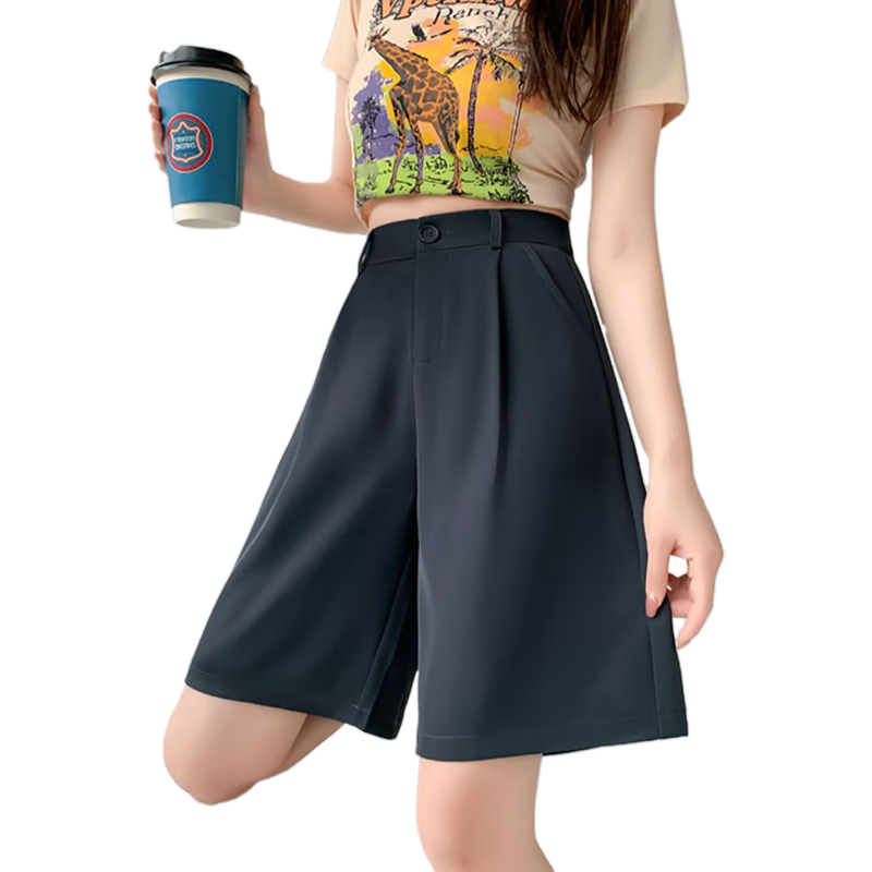 LangSha Women's Wide-Leg Straight Shorts, Mid-Length Pants with High Waist for Summer Wear, Loose Fit, Slimming Effect