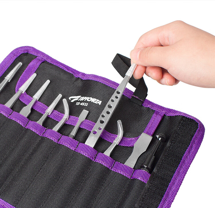 TOPFORZA TZ-4511, Pointed Tip, Bent Tip, Flat Tip, And Flat Head Professional Precision Tweezers Set, Pry Bar Tool Kit, 10-Piece Set 15
