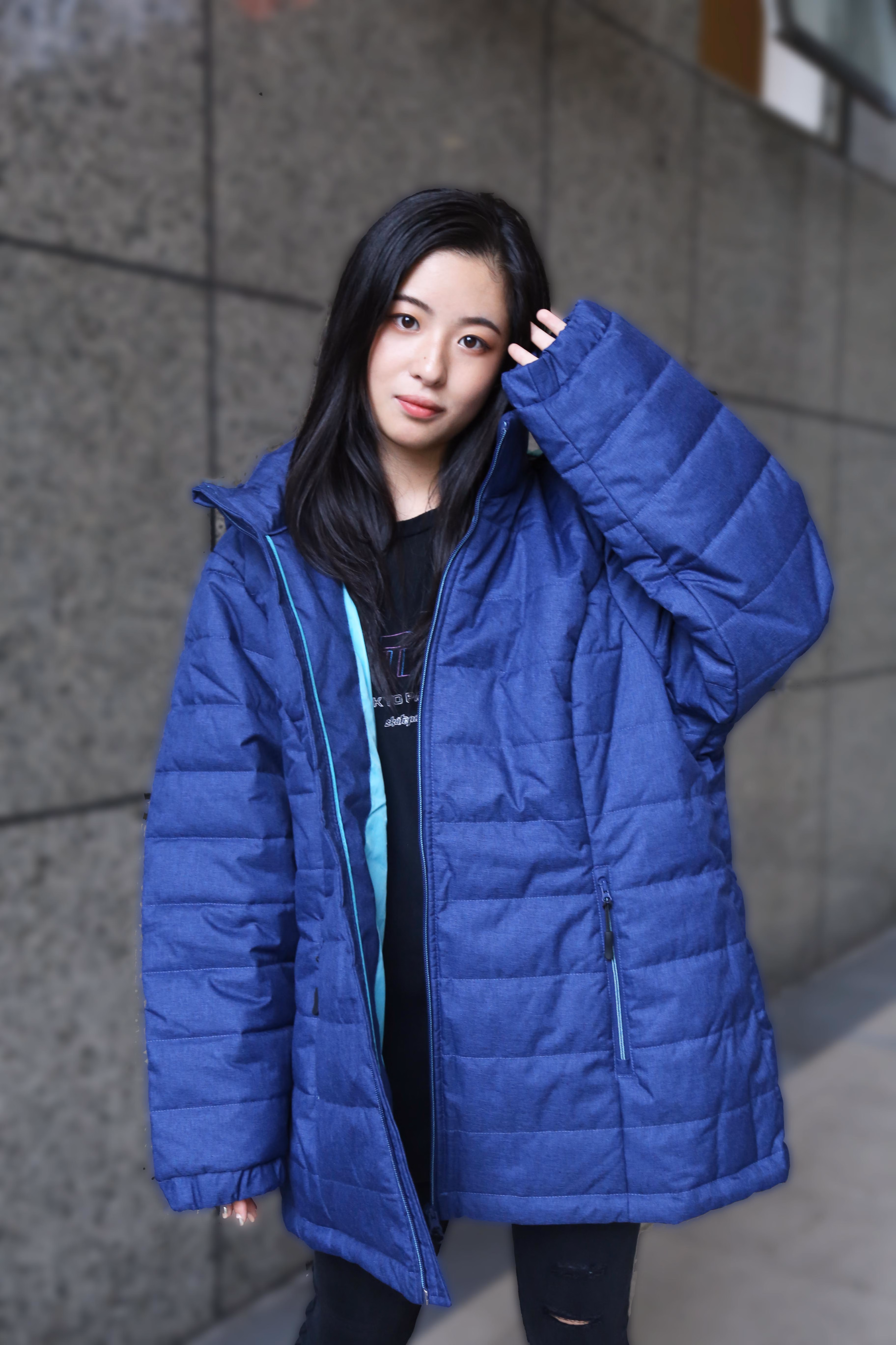 interight棉服女中长款加大保暖宽松时尚简约 深蓝色 xl码