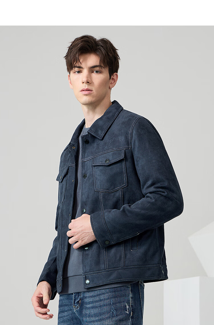 DANCING WOLVES [Suede] Jacket for Men, Versatile Lapel Jacket, Comfortable And Stylish Coat for Men, 102 Dark Blue, Size 165 10