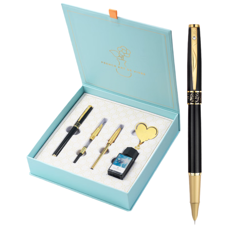 MONTAGUT [Mid-Autumn Festival Gift] Fountain Pen Ballpoint Pen Art Pen with Hidden Nib Three-In Bookmark Set, High-Value Ladies' Signature Pen for Students, Gift-Giving M710 Gemstone Black