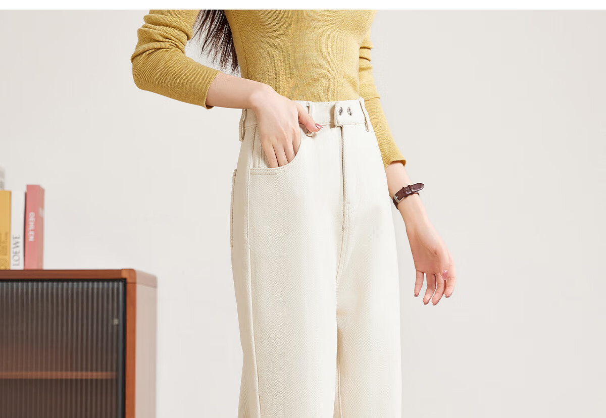 PinCai Women's Jeans, Spring And Autumn White High-Waisted Slimming Heightening Versatile Casual Trousers P143N1010 34