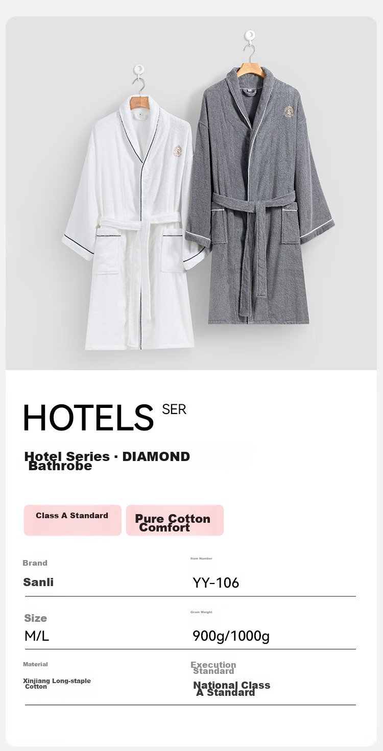 Sanli Five-Star Hotel Bathrobe, Pure Cotton, Absorbent And Quick-Drying, Adult Thin Home Bathrobe for Men And Women, Autumn And Winter Long Style Bath Towel, Gray, Size M 2