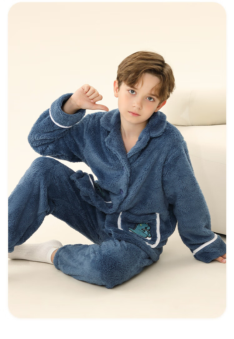 LangSha Children's Pajamas, Boys' Autumn And Winter Thickened Sleepwear, for Older Kids And Teenagers, Baby Flannel Lapel Loungewear, Warm Set 6