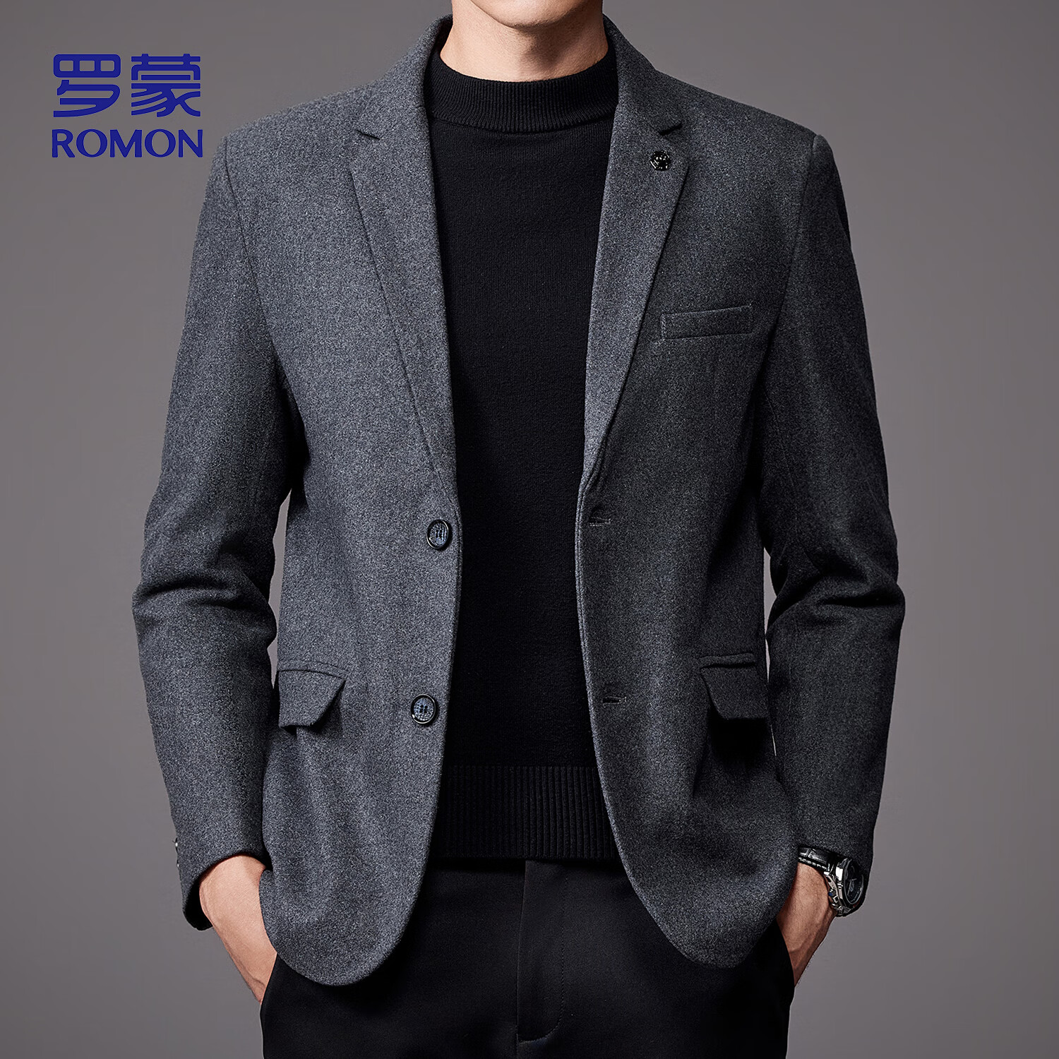 ROMON Wool Blend Men's Blazer Spring Autumn Business Casual Professional Suit Jacket Formal Coat for Dad XF78 Gray L