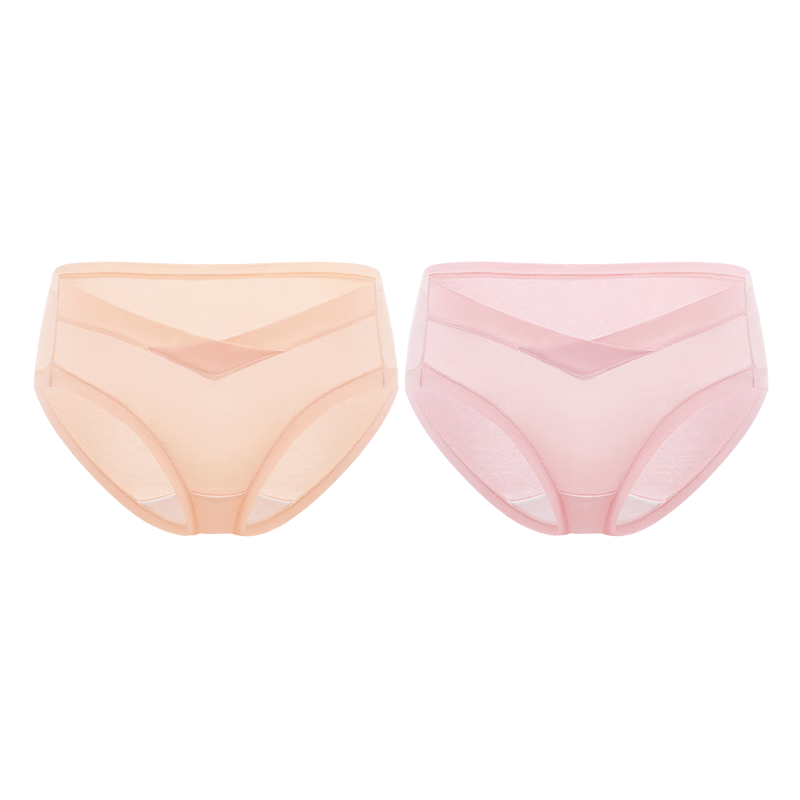 PurCotton Maternity Underwear, Knitted Low-Rise Pure Cotton Panties, Specialized for Pregnancy And Postpartum, Triangle Briefs, 2 Pieces, Skin Color + Pink, Size L