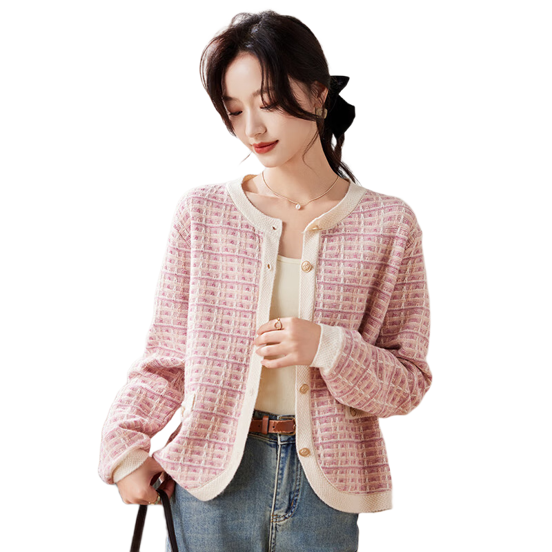 PinCai Women's Loose Plaid Jacquard Knit Cardigan Elegant Youthful Knit Jacket P143Z1001