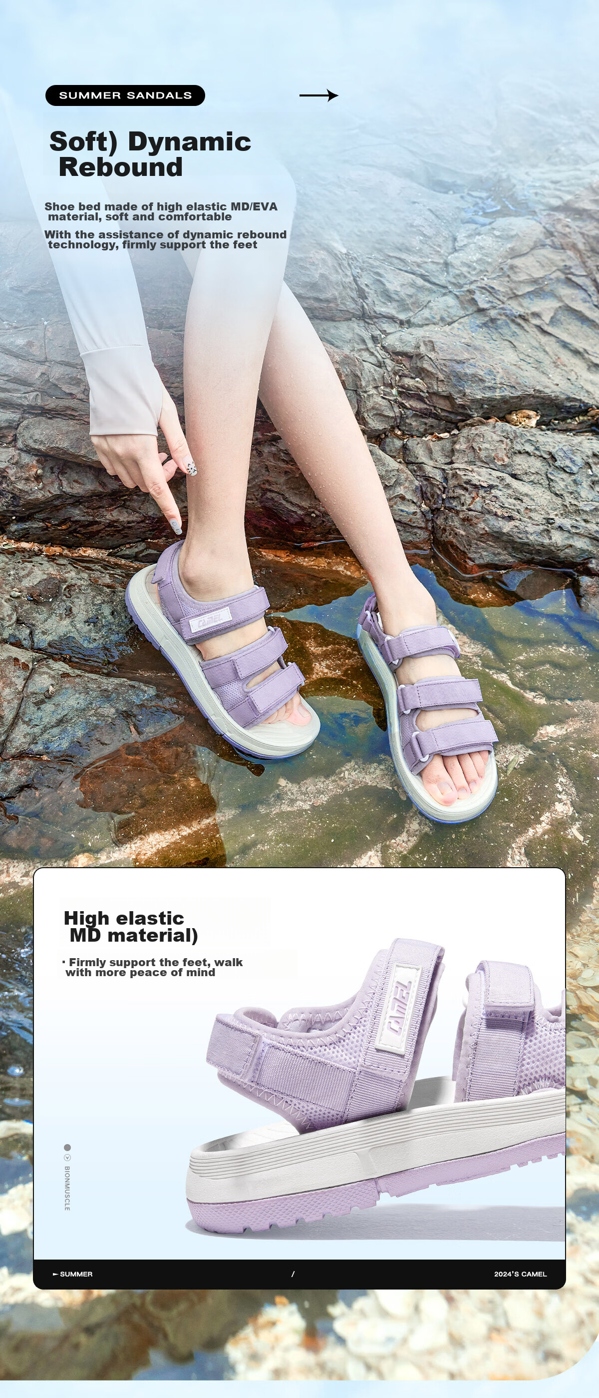 CAMEL Velcro Contrast Color Beach Sandals, Women's Sports Casual Shoes, K24B16L2010, Lavender Purple, Size 38 43