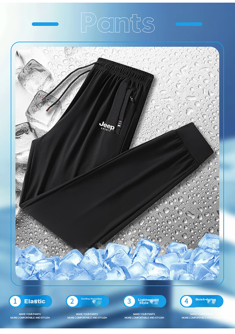 JEEP SPIRIT Casual Pants, Summer Ice Silk Trousers, Breathable Quick-Dry Versatile Lightweight Casual Sports Pants, Black Ankle-Tied, 5XL 6