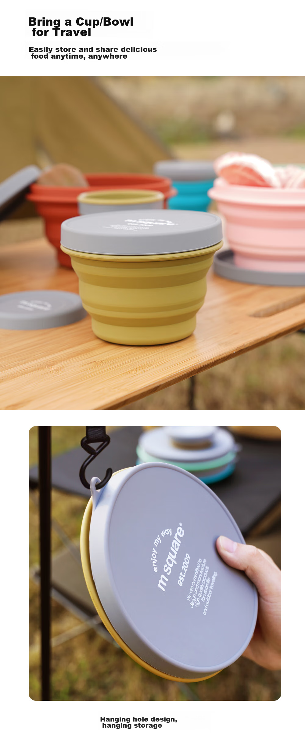 M Square Folding Bowl, Silicone Cup Bowl, Portable Travel Food-Grade Baby Bowl, Camping Picnic, Blue Medium Cup + Large Bowl 7