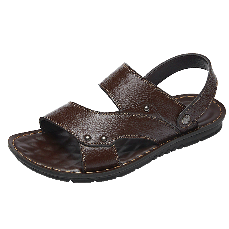 MEXICAN Top-Grain Leather Sandals for Men, Beach Shoes, Men's Slippers, Hollow-Out Casual Men's Shoes, Brown, Size 44