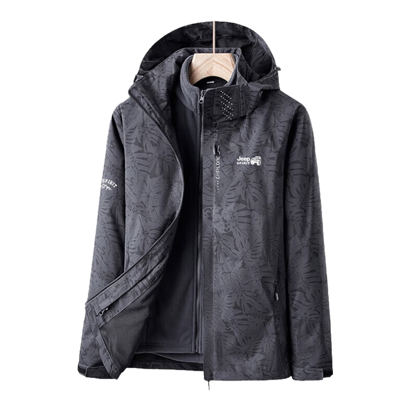 JEEP SPIRIT Men's Spring Autumn 3-in-1 Hooded Outdoor Sports Jacket Maple Leaf Black 2XL