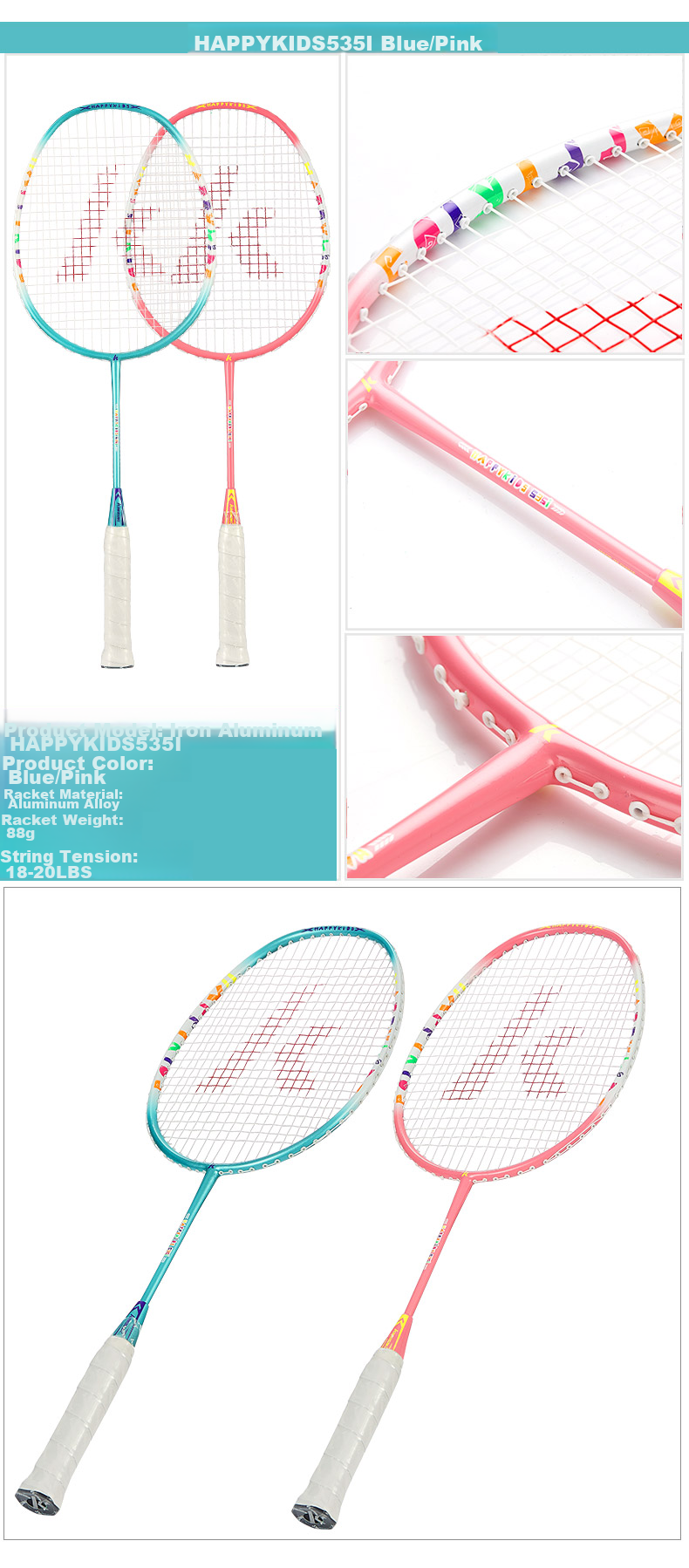 KAWASAKI Badminton Racket Set for Elementary School Students, Children's Durable Iron-Aluminum Composite Double Rackets 535I (Strung) Blue And Pink 5
