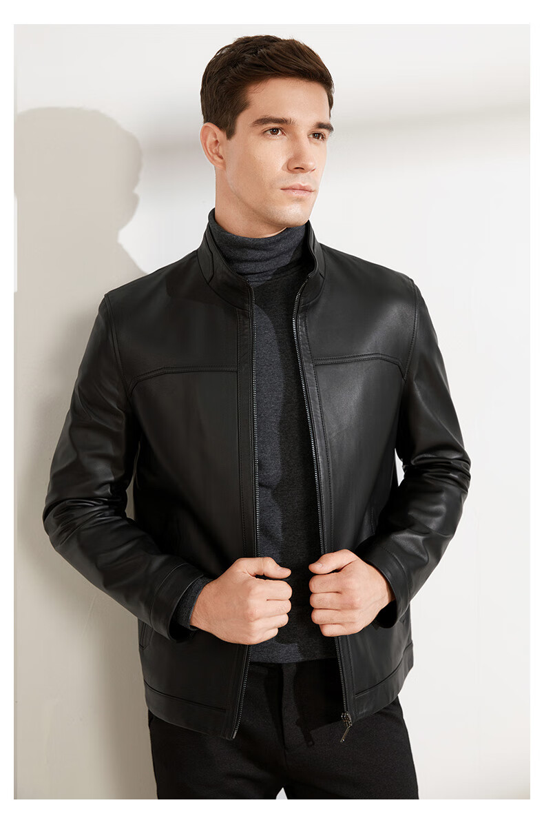 雪豹皮夹克 羊皮衣男绵羊皮立领薄款外套秋冬短款商务休闲男装 黑色