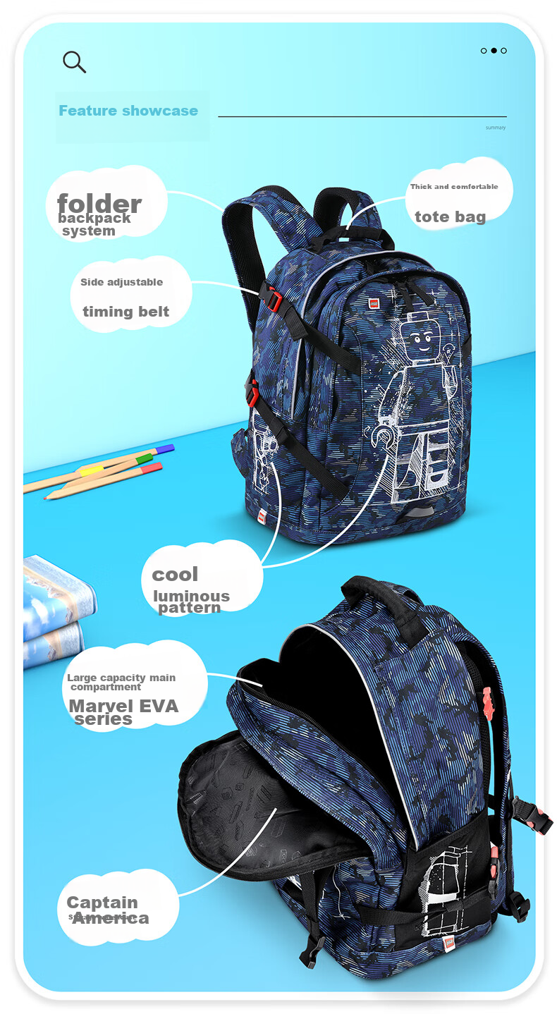 LEGO Children's Backpack Shoulder Bag for Grades 1-3 Lightweight Luminous Double Compartment Backpack for Boys And Girls Blue 20041 Gift 3