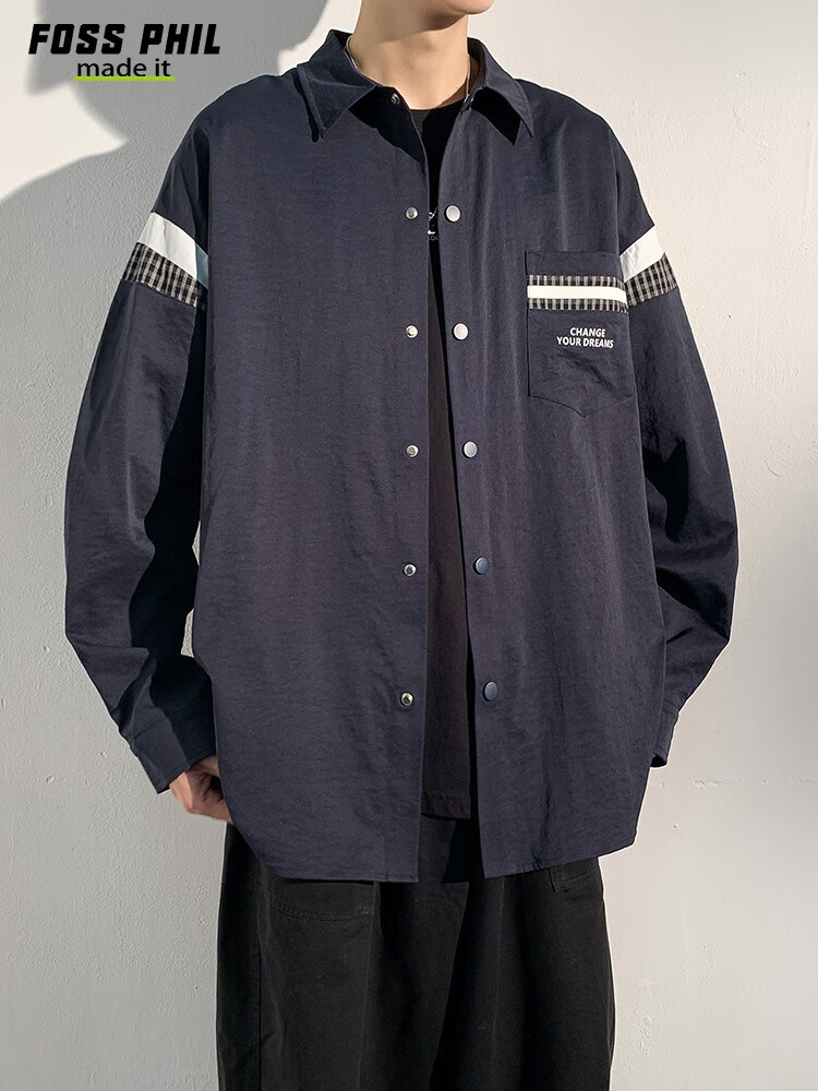 Foss Phil Men's Long-Sleeve Shirt, Spring And Autumn Hong Kong Style Casual Top, Loose-Fitting Jacket, Versatile Men's Shirt CXCS1 Navy Blue M 7