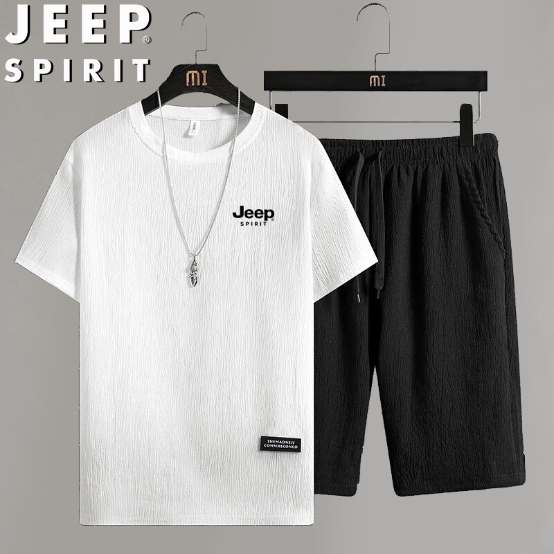 JEEP SPIRIT Summer Short-Sleeve T-Shirt And Shorts Set for Men, Outdoor Sports Casual Versatile Two-Piece Suit, White, Size L
