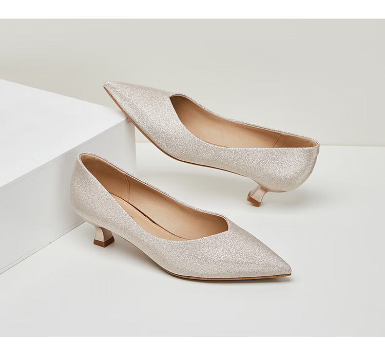 DAPHNE Champagne Silver Wedding Shoes for Women, Pointed Toe Stiletto Elegant Low-Cut Women's Pumps 4623101027 Champagne Color Size 38 14