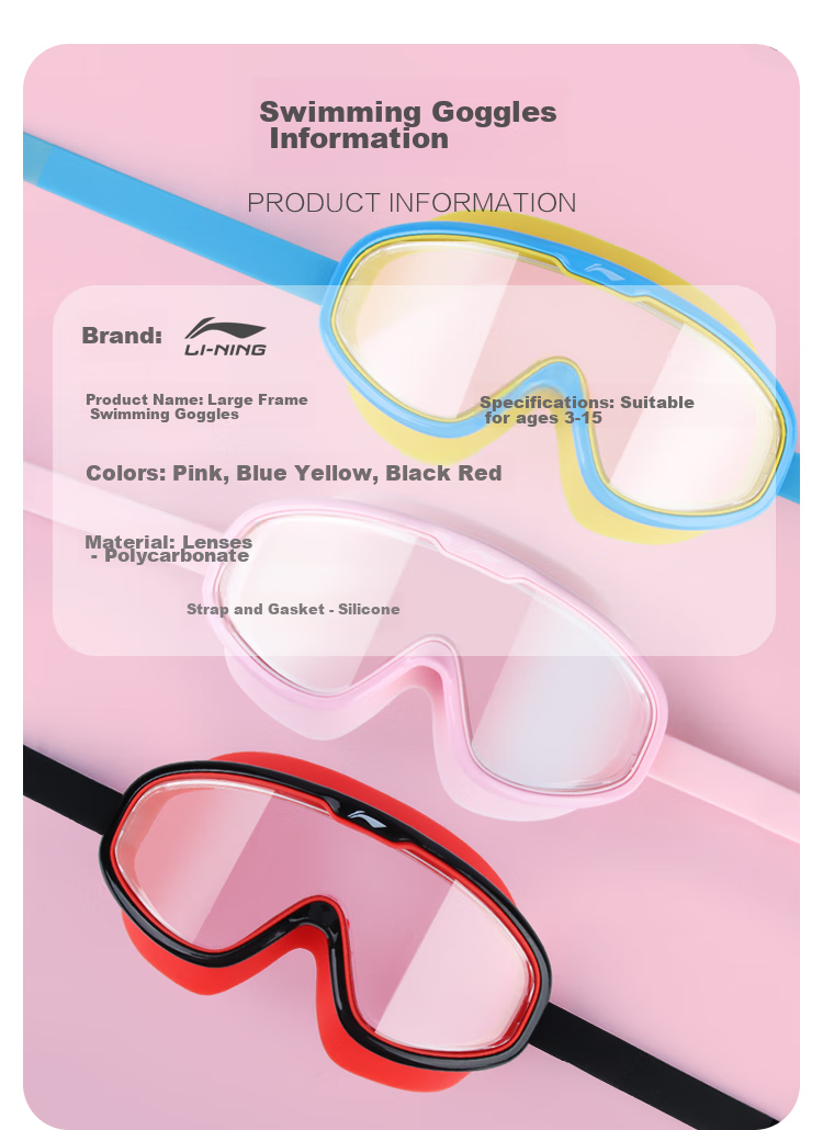 Li-Ning Children's Swimming Goggles, High-Definition Anti-Fog Waterproof Large Frame Swimming Diving Glasses for Boys And Girls, Swimming Equipment LSJP319-1 Black And Red 8