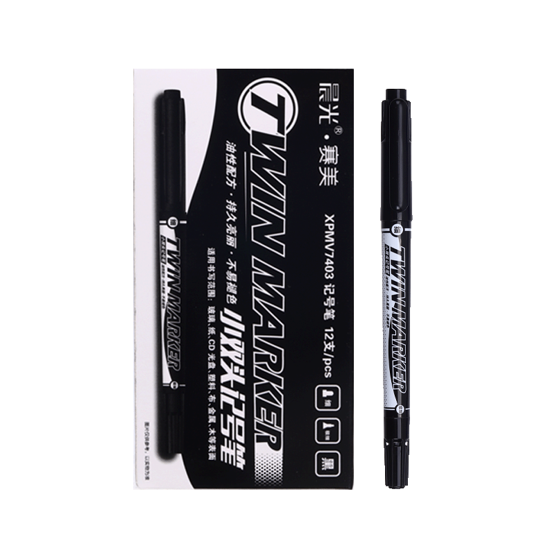 M&G Dual-Ended Marker Pen Oil-Based Quick-Dry Waterproof Odorless Office Drawing Special Liner Marker Pen XPMV7403 Black 12pcs/Box
