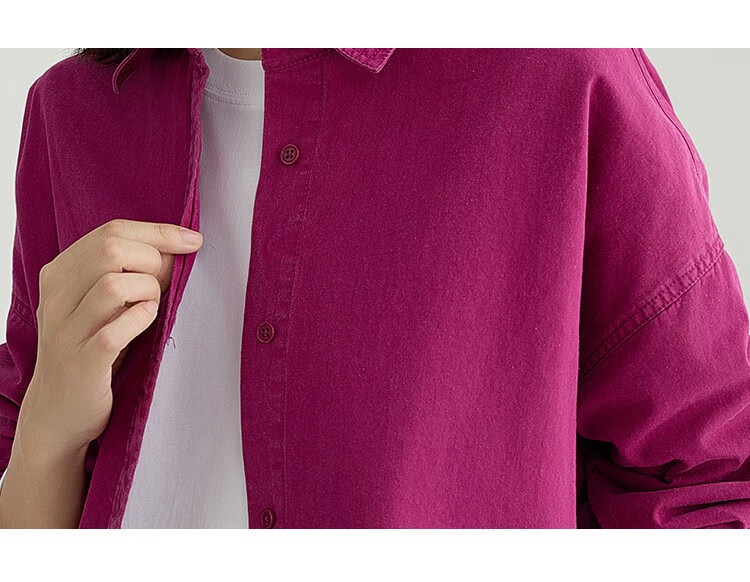 Dme Vintage Washed Spring Elegant Magenta Loose Fit Turndown Collar Long Sleeve Blouse for Women, Purple-Red, Size M 17