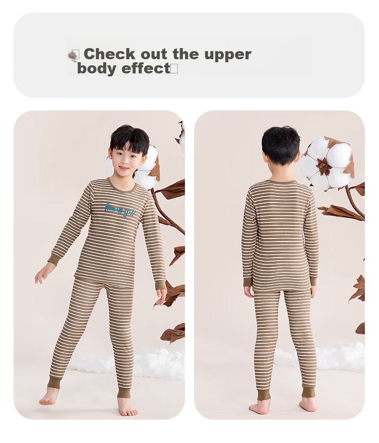 Hodohome Children's Autumn Underwear Set for Boys, Class A Pure Cotton Thin Round Neck Printed Thermal Underwear Set 123 Warm Brown 120 22