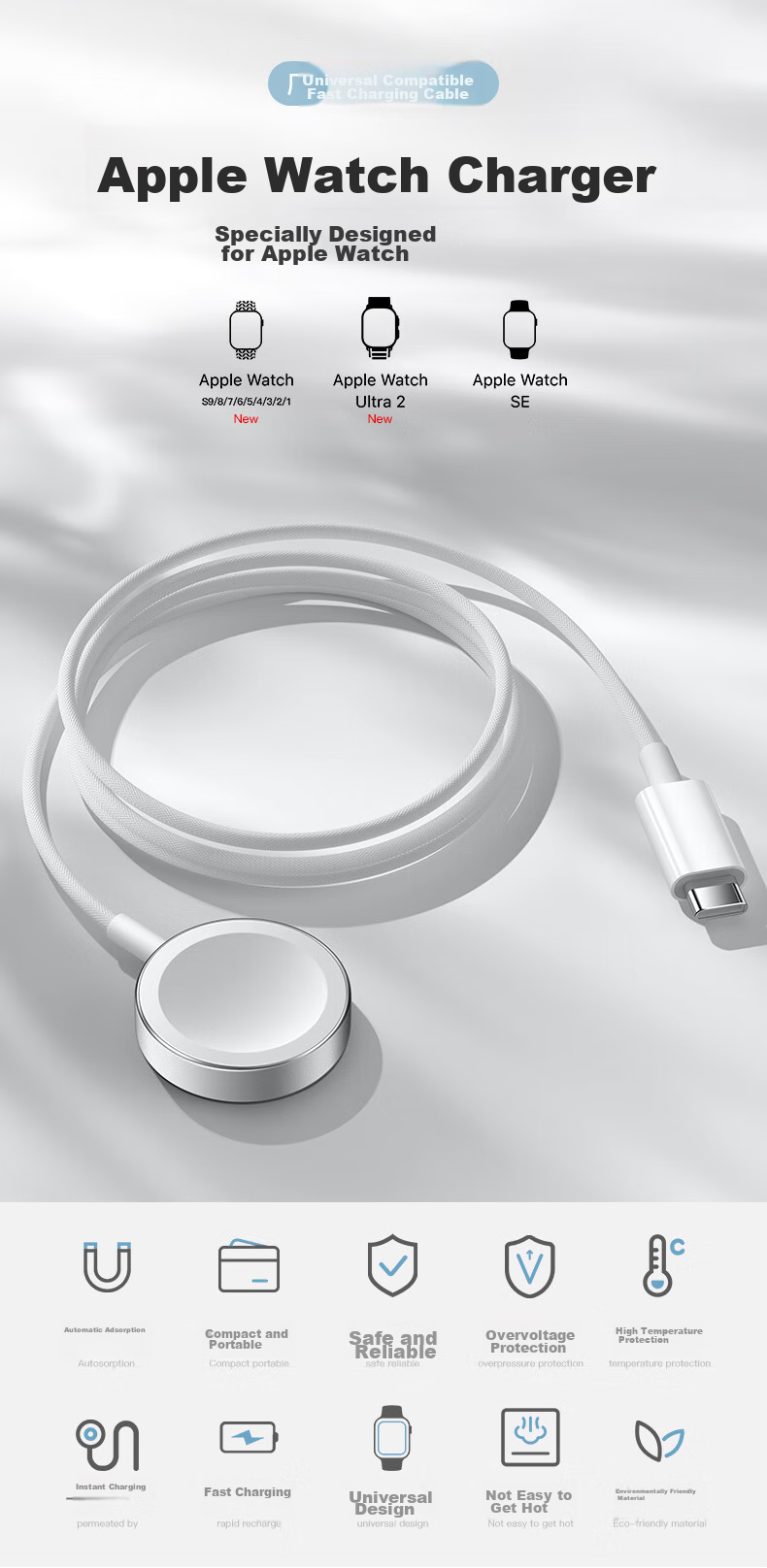 Binghong Magnetic Charging Dock for Apple Watch, Compatible with Apple IWatch Charger, Fast Charging Base for S11 Ultra 3 SE 3 2 S10 S9 8 7 6-Type C Braided Cable 1