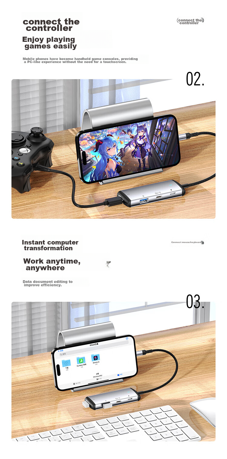 DOOSEYUON Apple Phone Adapter, Type-C Four-In Card Reader, OTG TF Card, High-Speed Transfer, Compatible with Apple Devices, IPad Mini, Handheld Game Fast Charging 7