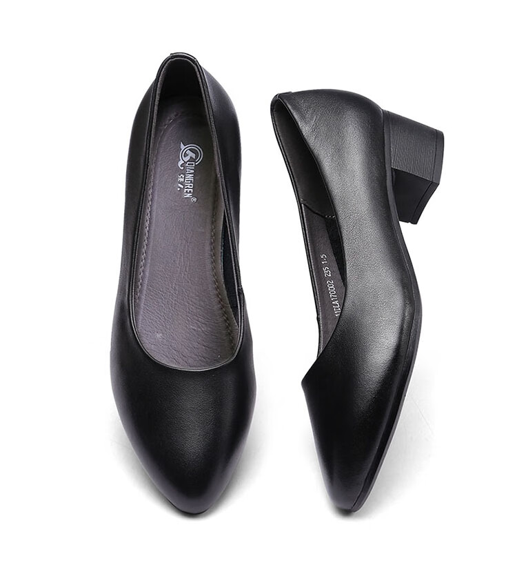 强人女鞋中跟单鞋尖头通勤皮鞋舒适浅口4cm工作粗跟高跟鞋 jdla170002