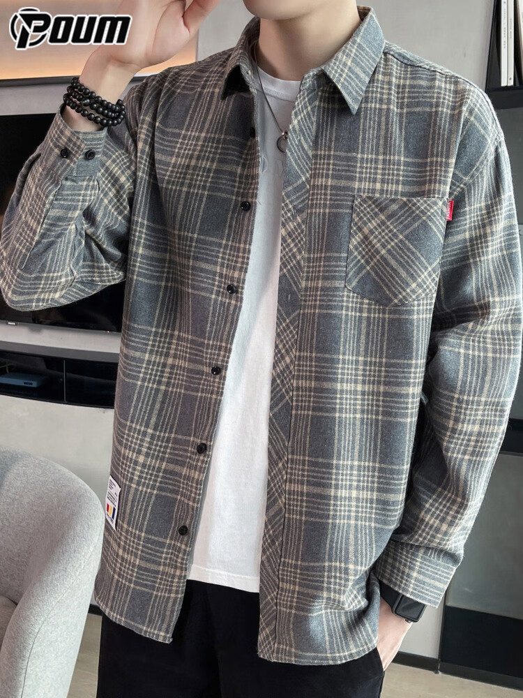 POUM Plaid Shirt Jacket for Men, Spring And Autumn Long-Sleeve Casual Shirt, Trendy Menswear, 2108 Gray, Size L 4