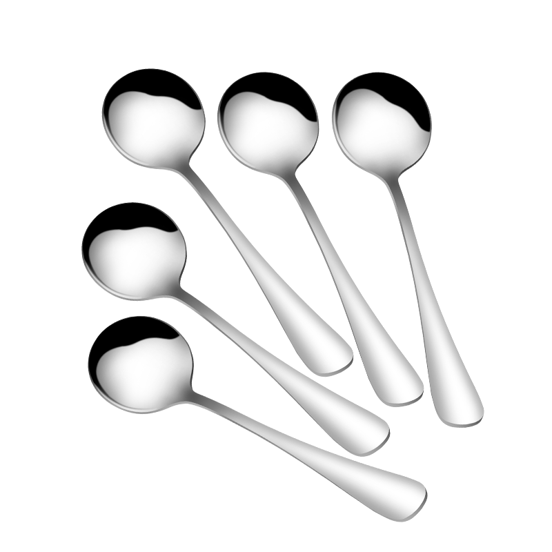 Guangyi Thickened Stainless Steel Dinner Spoons, Children's Household Soup Spoons, Dining Spoons for Restaurants, Round Spoons, 5-Piece Set GY7511