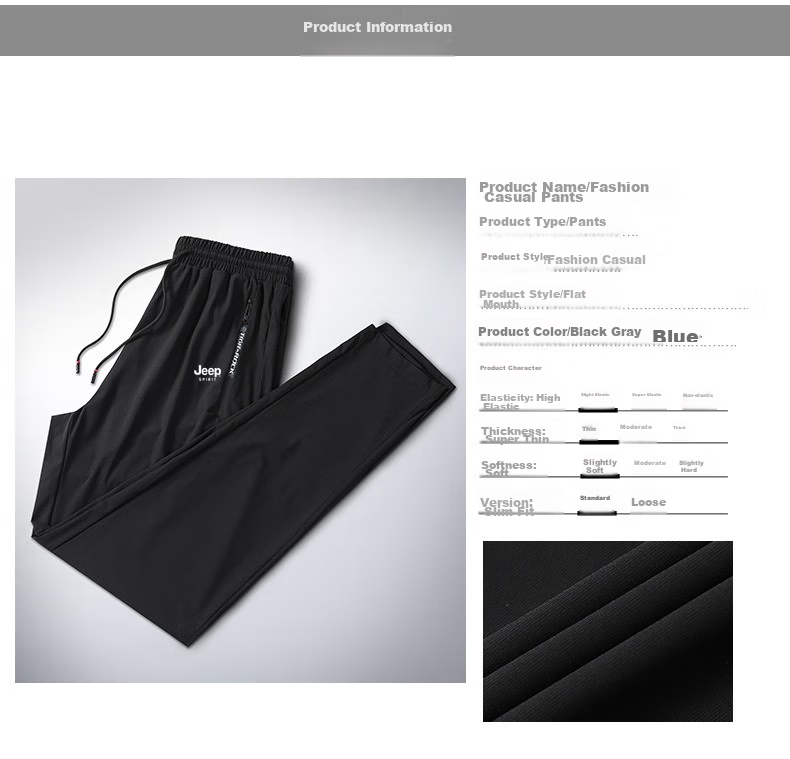 JEEP SPIRIT Casual Pants, Summer Ice Silk Quick-Dry Breathable Lightweight Outdoor Sports Trousers, Black Straight-Leg XL 5