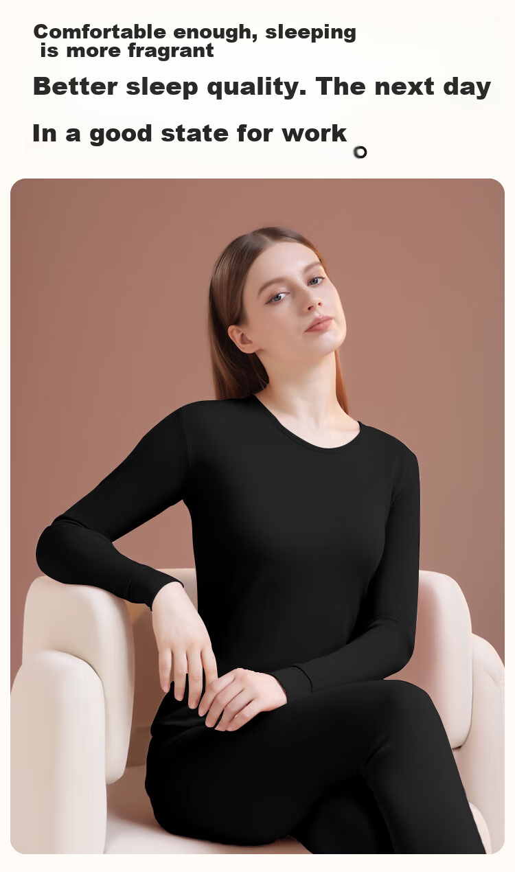 Dushiliren Women's Autumn Underwear Set, 100% Pure Cotton, Fall/winter Style, Thermal Base Layer, Warm Inner Wear, Black, Size M 12