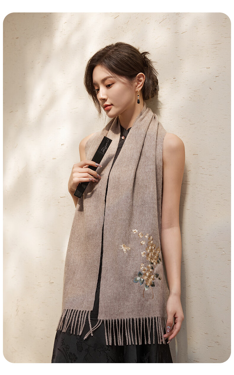 Hengyuanxiang 100% Wool Scarf for Women, Autumn And Winter Warm Neck Warmer, Embroidered Shawl, Gift for Mom And Elders, Mid-Autumn Festival Birthday Present 11